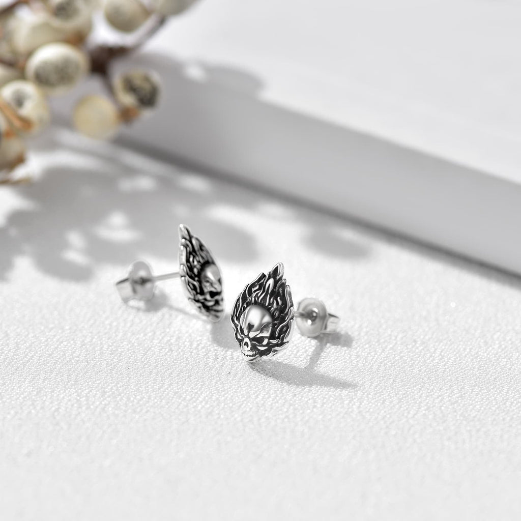 Flame Skull Stud Earrings For Men