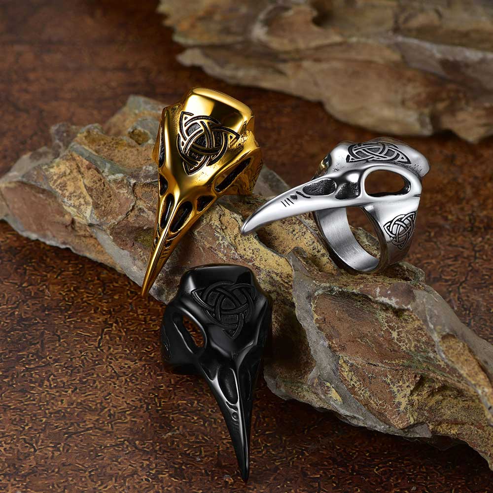 Viking Raven Skull Ring With Celtic Knot For Men