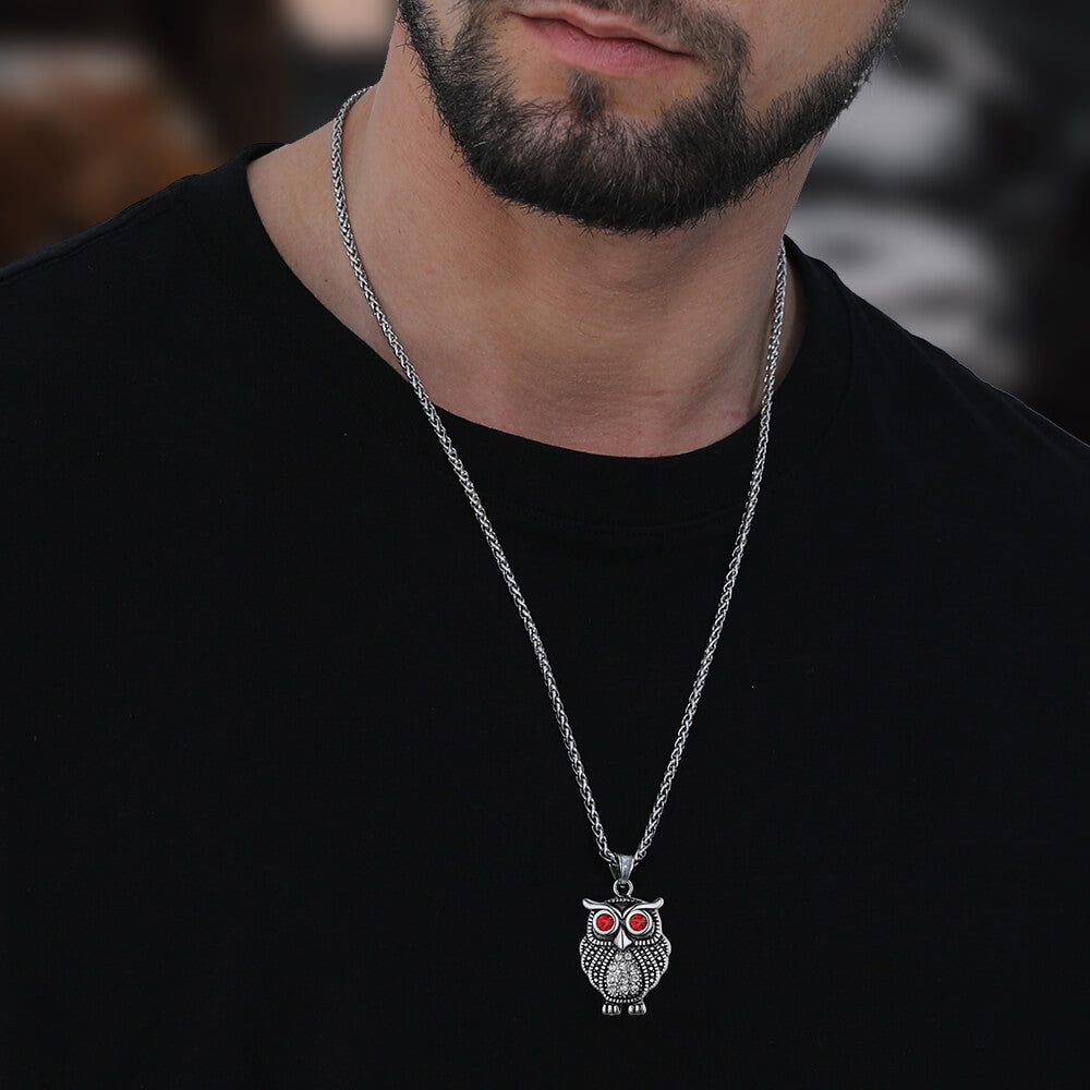 FaithHeart Vintage Owl Necklace For Men With Ruby Eyes