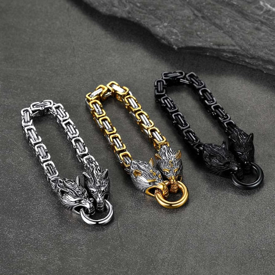 Viking Wolf Head Chain Bracelet Cuff Bangle Gift for Men
